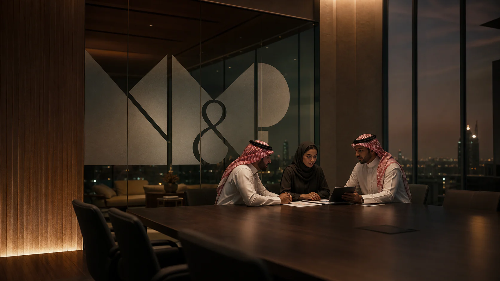 Three anonymous professionals meet around parchment folios in a mineral-green Saudi boardroom.