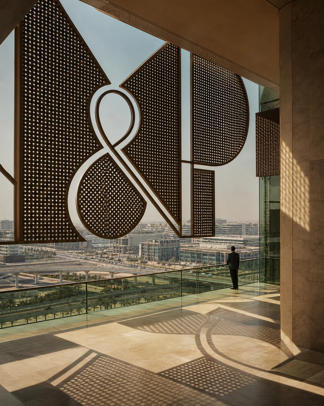 Saudi urban development is framed by green glass and restrained bronze structure.